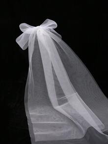 1件白色蝴蝶结薄纱新娘长头纱，优雅婚礼新娘披肩头纱，情人节配饰 - 白色 - 查看 6