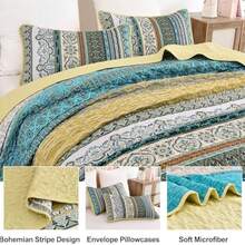 WONGS BEDDING Bohemian Comforter Set, Twin, Full, Queen & King Sizes, 3 Pieces, Lightweight Microfiber Quilt, Bohemian Style, Purple & Blue, All Seasons - 黃色 - 查看 6