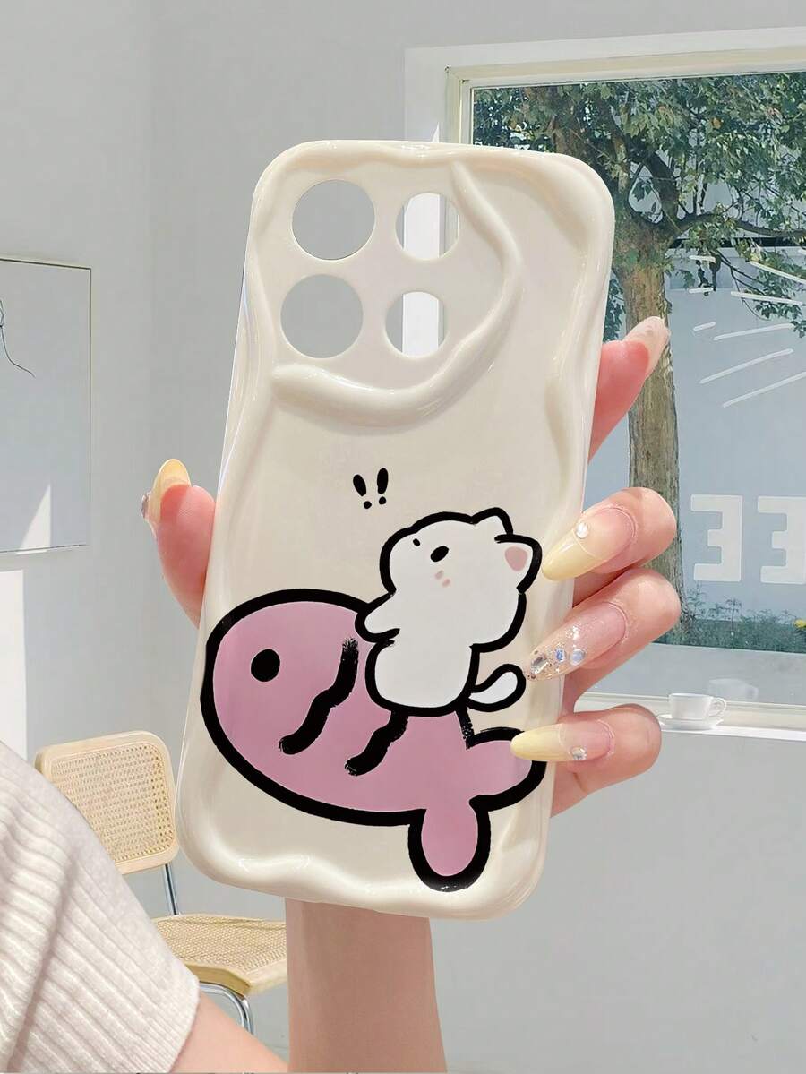 1 pieza Funda de teléfono con protección de lente gruesa antirraídas, con textura de mármol crema y patrón minimalista de pez y gato, compatible con iPhone, Redmi, OPPO, Vivo/Transsion, una opción de moda y protección - Blanco - Ver 1