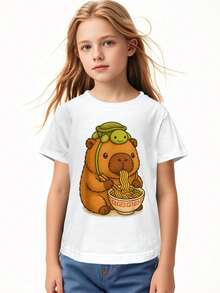 Soft Breathable Capybara Anime Ramen Turtle Funny Graphic Kawaii Capibara T-Shirt For Kids | Boys & Girls Graphic Tee - Round Neck Shirt For Early Elementary - Birthday Party Outfit Or Everyday Play Clothes - Easy-Care Parent-Favorite Apparel, Kids Casual Wear, Vibrant Kids Fashion, Comfortable Top, Playful Design, Lightweight Clothing, Short Sleeve Tee - 白色 - 查看 4