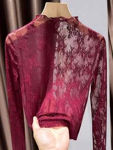 Women's Lace Turtleneck Undershirt, Fashionable Mesh Long Sleeve Top - Burgundy - View 7