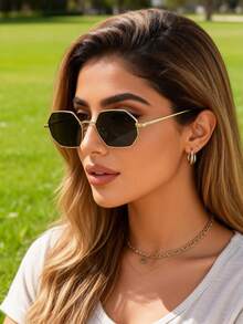 1pc Women Metallic Square Full Frame Classic Cool Delicate Shades Basics Classy Aesthetic Popular Design Fashion Glasses For Street-Photography,Driving,Going Out Outfit,Golf Fashion Accessories - Multicolor - View 8