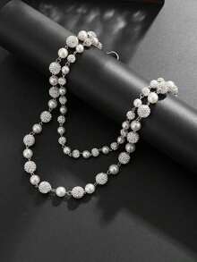 1pc Plain Rhinestone Pearl Dual Chain Punk Style Pants Chain Keychain, Waist Decor Suitable For Gifts, Parties, And Daily Wear - Bạc - Xem 8