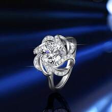 1 Carat Moissanite 925 Sterling Silver Jewelry Set - 1 Carat Moissanite Ring, 1 Carat Moissanite Pendant Necklace, 1 Carat Moissanite Earrings, 1 Carat Moissanite Flower 3 PiecesJewelry Set, Valentine's Day Gift - Silver - View 7