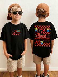 Disney Toy Story Pizza Planet Themed Kids' T-Shirt: Black Base With Double-Sided Print Of 'Pizza Planet' Logo, Aliens And Retro Fast-Food Elements. The  Style Fits Kids' Multi-Scene Daily Wear - 黑色 - 查看 1
