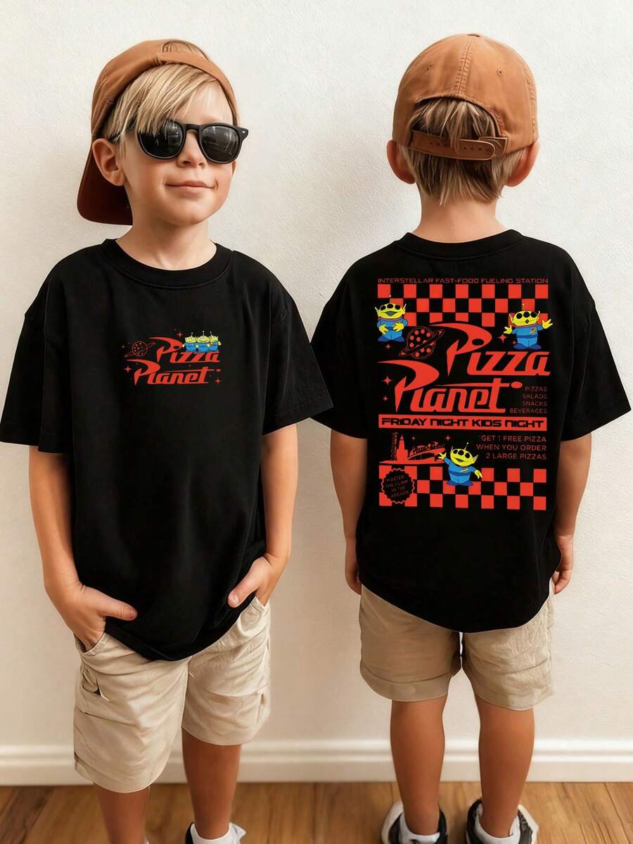 Disney Toy Story Pizza Planet Themed Kids' T-Shirt: Black Base With Double-Sided Print Of 'Pizza Planet' Logo, Aliens And Retro Fast-Food Elements. The  Style Fits Kids' Multi-Scene Daily Wear - 黑色 - 查看 1