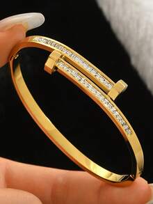 3 Sets/1 Set 18K Gold Plated Stainless Steel Four-Leaf Clover Nail Bracelet, Suitable For Women's Party, Daily Wear, European And American Style, Personalized, Generous, Luxurious Cubic Zirconia Wristband, Wedding Jewelry Set, Gift For Girls, Ladies, Relatives, Friends, Beautiful Wedding, Birthday, Valentine's Day, 18K Gold Plated Stainless Steel Floral Bracelet, Suitable For Women's Daily Wear, Classic Floral And Roman Numeral Rivet Design, Waterproof, European And American Style, Casual, Wedding, Party - Yellow Gold - View 10