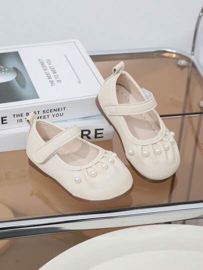 1 Pair Baby Girls Pearl Hook And Loop PU Comfortable Flat Slip-On Shoes, Suitable For Daily Outdoor Wear, All Seasons