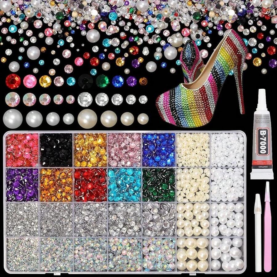 14000Pcs Colorful Flatback Rhinestones And Pearls For Bedazzling Kit, 2-6mm Resin Gems Bedazzling Rhinestone, 4-10mm Flatback Pearls Gems Rhinestones For Crafting DIY Face Makeup - S17 - View 1