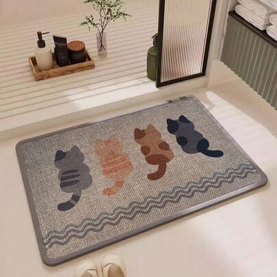 1件猫咪图案浴室地垫，亚麻材质，速干，可作装饰地毯、入口地垫、防滑、防尘、耐磨，适合春、夏、秋、冬四季使用，可爱，室内装饰，礼品，门垫，梳妆台垫，时尚浴室地垫