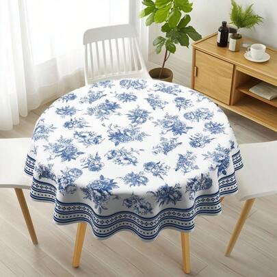 1PC Round Tablecloth, White Background With Blue-And-White Floral Pattern (Peony & Multi-Flower Motifs) & Geometric Border (Diamond & Polka Dot Accents), Decorative Table Linen For Dining Table, Home Decor & Vintage-Themed Gatherings