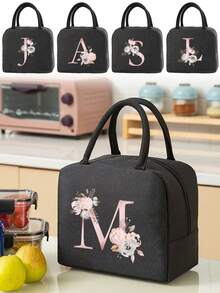 1pc Insulated Lunch Bag Bento Pack Aluminum Foil Rice Bag Ice Pack Personalized Pink Love Letter A-Z Printing Lunch Box Portable Lunch Handbag Thermal Picnic Bag