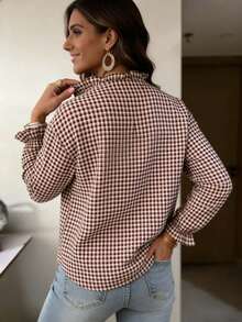 Women's Plaid Ruffle Trim Button Detail Stand Collar Long Sleeve Regular Fit Polyester Blouse - Brown - View 3