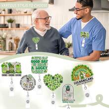 1pc Green Lucky Clover Skull Badge Reel - Gothic Style Acrylic Retractable ID Card Holder, Unique Contrast Design For St. Patrick's Day Nurse Doctor Gift With Keychain Medical Accessory