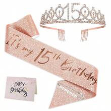 4pcs/Set Birthday Decorations For Girls Aged 5, 10, 13, 15, 18, 30 Years Old, Including Birthday Sash, Crown/Headpiece, Greeting Card, Rose Gold Teenage Girl Gift, Suitable For 5, 10, 13, 15, 18, 30 Years Old Birthday Decor - Rose Gold - View 14