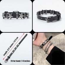 Xiacheng 4pcs Leather Rivet Bracelet Set, Unisex Punk Rock Cuff Wristband, Emo Accessories Suit, Suitable For 80s 90s Outfit - Black - View 7
