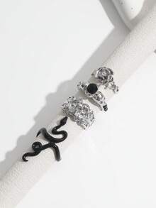 4pcs Fashion Hip Hop Punk Style Rhinestone Rings Set, Rose Flower & Snake Design Rings For Women