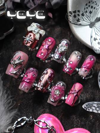 10片Y2K风格美甲贴纸，方形，金属光泽，甜美性感少女风，亮粉色，渐变设计，珍珠、蝴蝶结、海星、星星，3D立体装饰，水钻，镀铬元素，摇滚风，新颖全覆盖粉色仿水晶美甲套装，性感甜美爱心图案，女孩美甲用品，包含1瓶果冻胶和1个迷你抛光块，适合日常、派对、节日、婚礼等场合。