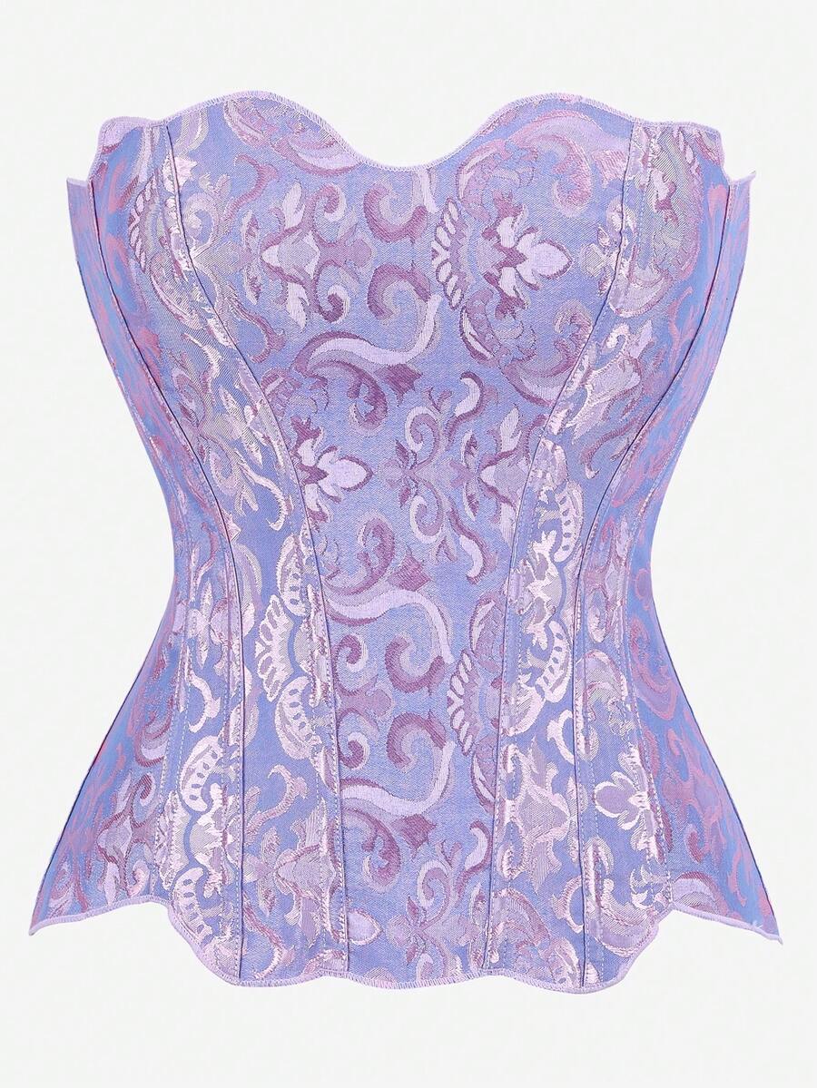 胸衣式束身胸衣，提花胸部支撑上衣，无肩带提拉设计，复古塑身衣，束腰带，下胸式束身胸衣，系带可调节 - 淡紫色 - 查看 1