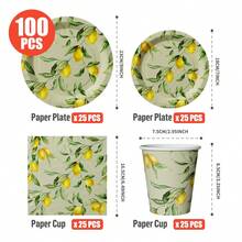 柠檬叶图案一次性餐盘、餐巾纸、杯子，25人派对用品套装，一次性纸盘，适用于生日、婚礼、主题派对、家庭野餐 - 彩色 - 查看 2