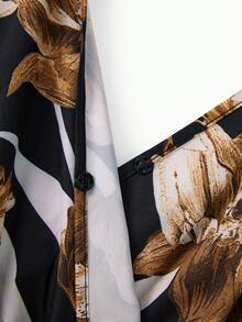 Family Matching Sets Black Floral Shirt Or V Neck Irregular Hem Ruffle Trim Strap Dress With Hidden Snap - 黑色 - 查看 9
