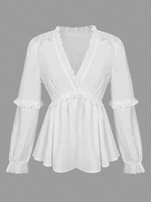 ii Women's Elegant Textured V-Neck Frill Trim Long Sleeve Blouse White Spring - White - View 8