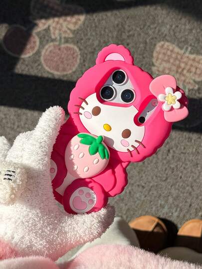 Sanrio 1pc Cute & Fashionable 3D Strawberry Kitty Cat, Pink Bow, Silicone Waterproof Shockproof Phone Case Compatible With Apple 17 Series, 11/12/12 Pro, 13/14/15, 13 Pro/14 Pro/15 Pro, 12 Pro Max/13 Pro Max/14 Pro Max/15 Pro Max, 16, 16 Pro, 16 Pro Max, 17, 17 Pro, 17 Pro Max