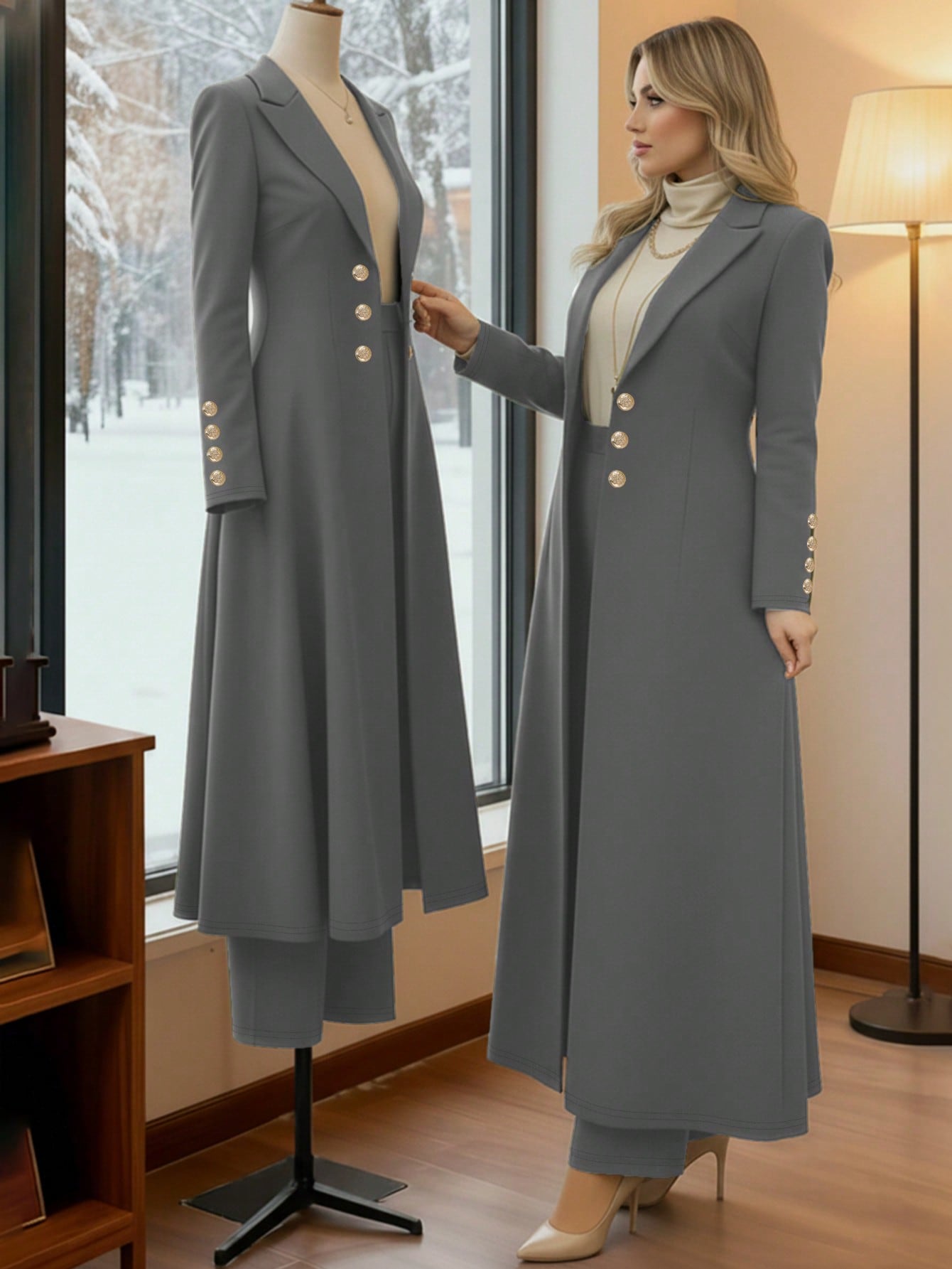 مجموعة أنيقة للنساء للتنقل: معطف رمادي طويل مزين ب...