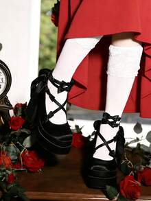 Womens Mary Jane Heels Platform Chunky Bow Heels Goth Square Toe Shoes Chunky High Heel Satin Y2K Heels - Đen 2 - Xem 9