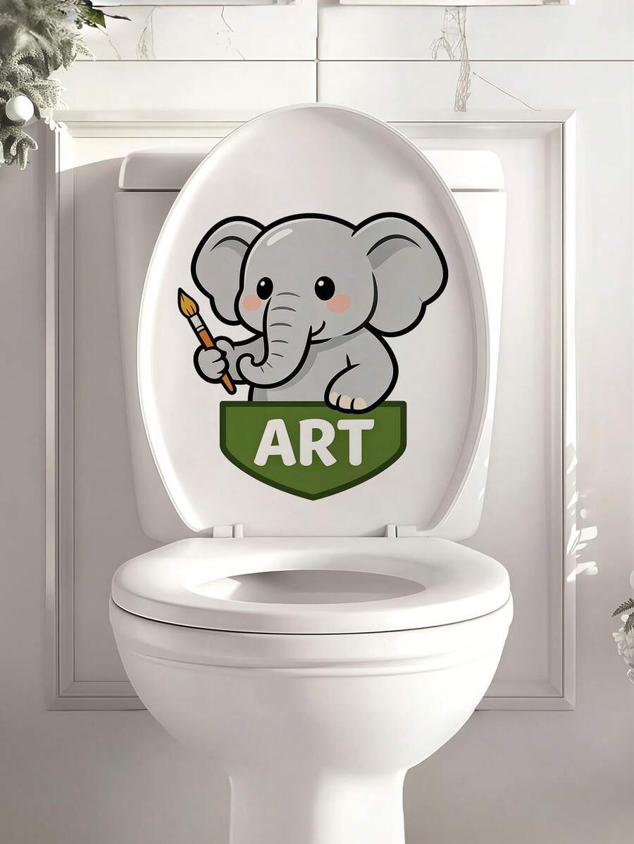 1pc Elephant Toilet Sticker - Cute Elephant Toilet Lid Sticker And Wall Decal, Add Fun And Vitality To Your Bathroom, Bring A Charming Atmosphere! - Fine - View 1