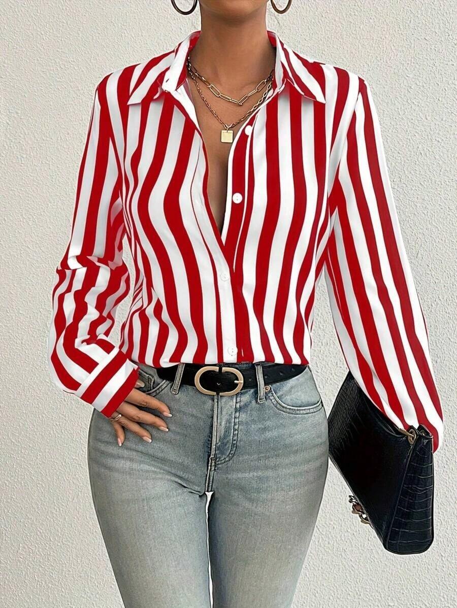 Contrast Color Block Striped Button Front Women Shirt, Loose Striped Blouse For Women Slimming Vintage Niche Versatile Top, Suitable For Daily Life And Valentine's Day - Đỏ - Xem 1
