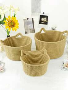 Handmade Woven Storage Basket, Rope Storage Box, Handmade Small Item Storage Box, Desktop Storage Basket, Cat Ear Shaped, Can Store Keys, Wallets, Toys, Small Items, Holiday Decor Basket, Room Decor, Home Accessories, Apartment Essential, Back To School & Travel Essential - Multicolor - View 5