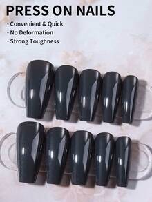 24片Y2K长棺材形亮面灰色水晶猫眼美甲贴纸，完美贴合长指甲，亚克力假指甲套装包含：1片果冻胶和1把指甲锉，灰色猫眼美甲适合女性和女孩日常佩戴，也适合锐舞派对和其他美甲场合。美甲用品 - 深灰色 - 查看 2