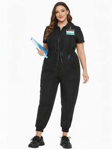 cimmuovere Uniforme de enfermera informal con cremallera frontal, manga corta y cintura con lazo para mujer de talla grande, para dentistas, personal de salud, veterinaria y laboratorio, color negro, primavera - Negro - Ver 6