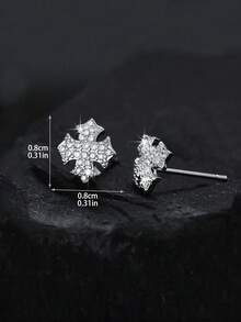 1 Pair/2pcs Punk Style Rhinestone Shield Stud Earrings, Geometric Cubic Zirconia Copper Plated, Unisex Fashion Earrings For Daily Wear And Parties, Suitable As Valentine's Day Or New Year Gift - Multicolor - View 3