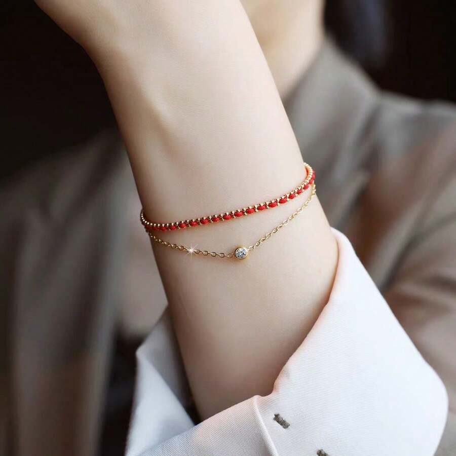 1条中国风手工红绳手链，女士款，奢华多层手链，镶嵌幸运珠，优雅配饰，新年礼物 - 編織紅繩雙層手鍊 - 查看 1