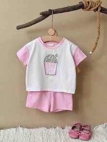 Set de 2 piezas de camiseta de manga corta con estampado de palomitas de maíz + pantalones cortos rosas, informal y dulce para niña bebé, primavera/verano - Rosa - Ver 2