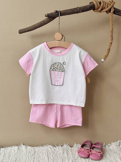 2pcs/Set Casual & Sweet Baby Girl Popcorn Print Short Sleeve T-Shirt + Pink Shorts, Spring/Summer