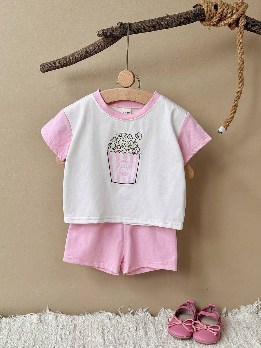 Set de 2 piezas de camiseta de manga corta con estampado de palomitas de maíz + pantalones cortos rosas, informal y dulce para niña bebé, primavera/verano