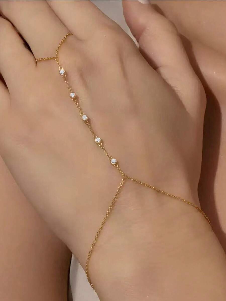 1pc 18K Gold Plated Stainless Steel & Finger Chain Bracelet, & High-End - Gold - View 1