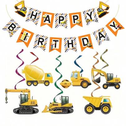 6/15pcs Yellow Excavator Party Decorations - Engineering Vehicle Spiral Pendants For Birthday & Family Gatherings, PVC/Paper Construction Theme Ceiling & Wall Decor