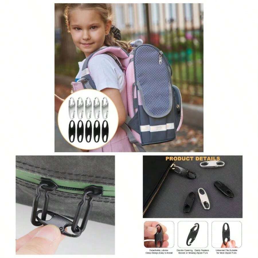 10 Pcs Clips de Mosquetn, Mosqueton Llavero, Mosquetn Doble, Hebilla de Cremallera de Repuesto Antirrobo, Mosquetn, S Llavero de Resorte Doble, para Viajes de Camping, Mochilas - Negro - Ver 1