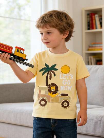 1pc Kids Casual Cartoon Lion Printed Cotton Round Neck Short Sleeve T-Shirt, Fashionable For Spring/Summer Outings