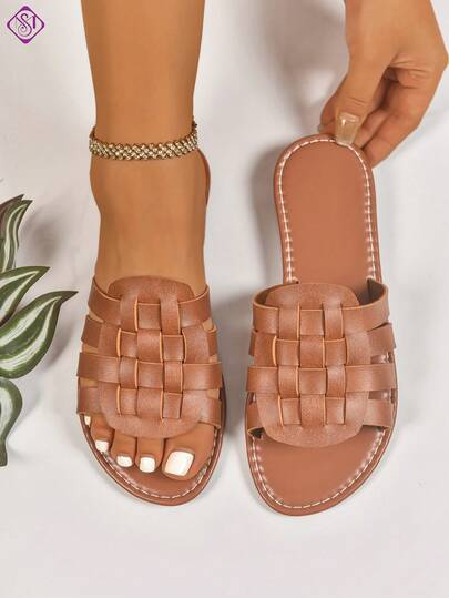 Women's Fashion Flat Sandals, Slip-On, Lightweight & Comfortable Retro Woven Sandals For Outdoor, Beach, Party, Casual, Versatile Flat Sandals For Women