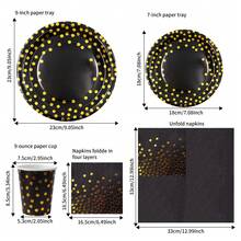 20-Piece Black & Gold Polka Dot Themed Disposable Tableware Set- Plates/Cups/Napkins, Luxury Party Supplies For Wedding Reception, Elegant Dinners & Anniversary Celebrations