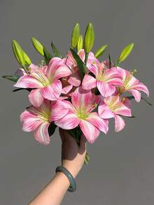 5pcs/3pcs/2pcs/1pc (Pink/Beige/Blue/Green) 37cm/14.57inch Artificial Lily Flowers, Long Stem Artificial Stargazer Lilies With Full Bloom Lily & Tiger Bouquets For Home, Hotel, Wedding Decoration, Bridal Backdrop, Bouquets, Corsages, Wedding Arch, Party Decor - Multicolor - View 3