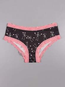 Dircho 5pcs Women's Sexy Cute Gothic Contrast Lace Bikini Panties - Allover Skull & Moon Print Silky Soft Comfy Intimates Underwear, Stretch Breathable Elastic Waist Lightweight Daily Lingerie Set - Multicolor - View 2