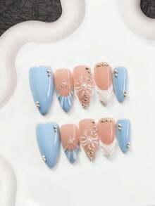 10pcs Set Soft Milky White Nail Gel Kit, Acrylic Press-On Nails, Handmade 5-Petal Flower Design, Solid Color Wavy Nail Decor, Silver Round Rhinestone Accent, Transparent French Style, Blue & White Nail Polish, Great Gift For Women & Girls, Nail Tools Included Nail Supplies Handmade Press On Nails - Multicolor - View 3