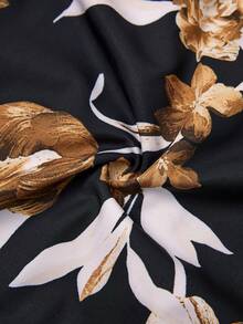 Family Matching Sets Black Floral Shirt Or V Neck Irregular Hem Ruffle Trim Strap Dress With Hidden Snap - 黑色 - 查看 8