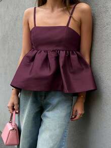 2026 Spring/Summer New Sexy Backless Square Neck Dopamine Purple Ruffle Trim Camisole Top, Holiday Outfit, Summer Vacation Wear, Music Festival Attire, Concert Outfit, Birthday Outfit, Date Night Set, Beach Resort Style, Street Fashion - Purplish-red - View 7